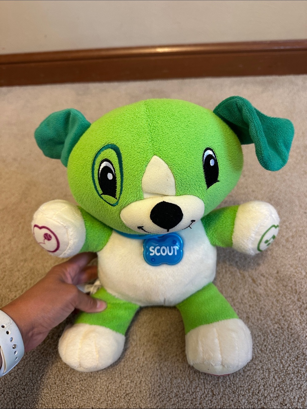 Scout Plush Puppy in Green and White with Blue Collar